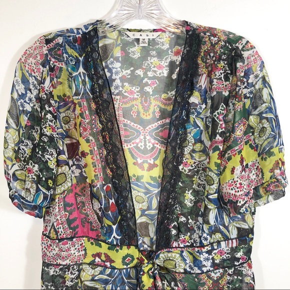 CAbi sheer paisley ruffle tie front kimono top. M - Picture 2 of 8
